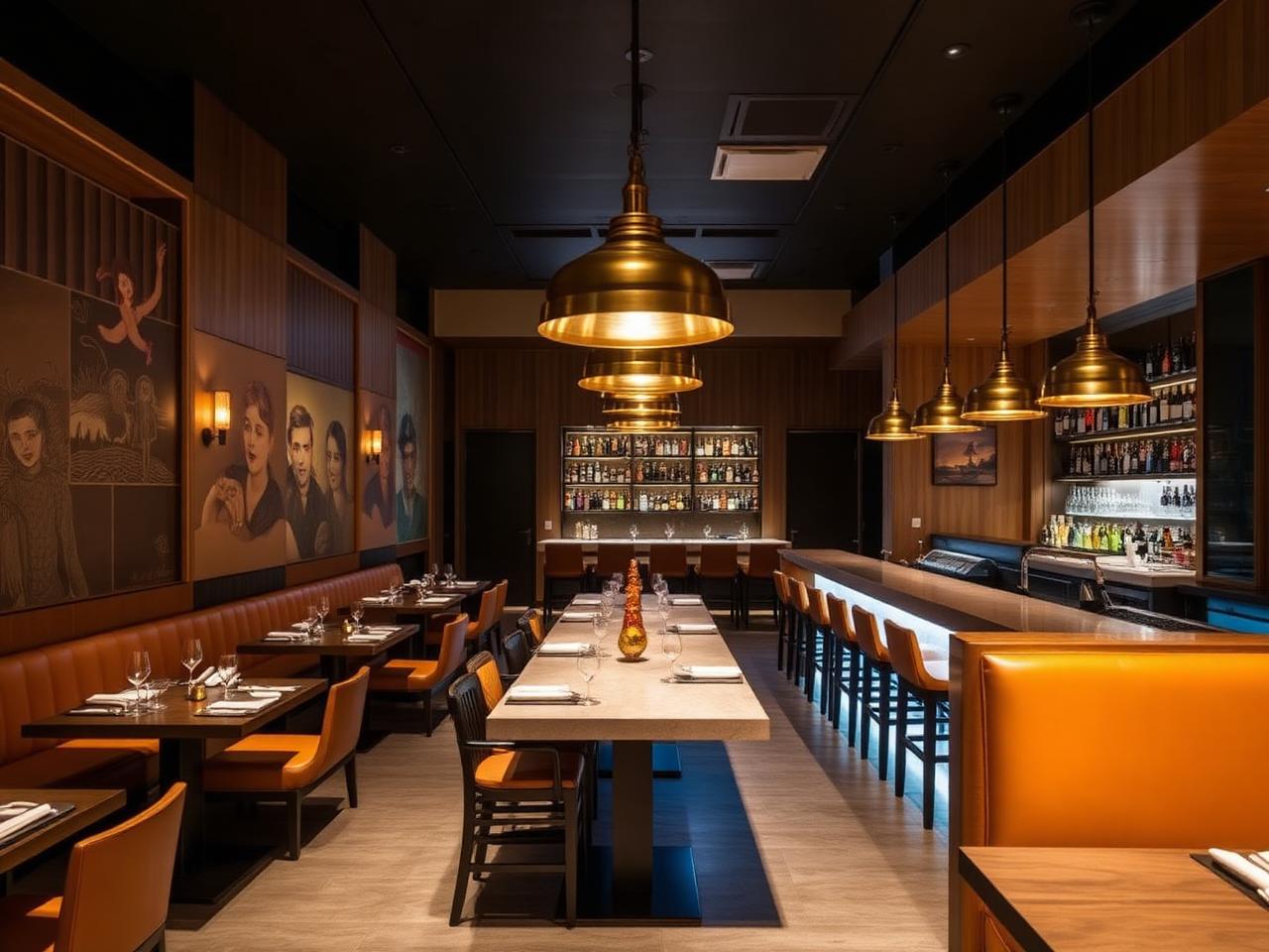 Coya Abu Dhabi refined modern Peruvian restaurant interior at Four Seasons Al Maryah with warm wood, hand-painted murals, hanging brass pendant lights, leather banquettes, an open ceviche bar and cinematic warm lighting