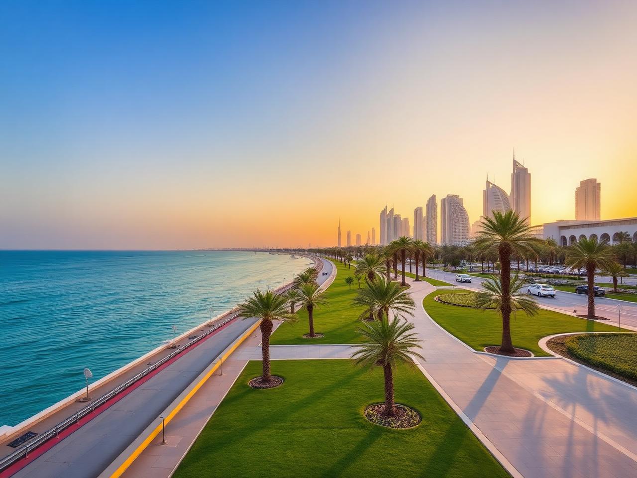 The Abu Dhabi Corniche at golden hour with the long curving waterfront promenade, manicured lawns, swaying date palms, the turquoise Persian Gulf and the modern Abu Dhabi skyline rising behind