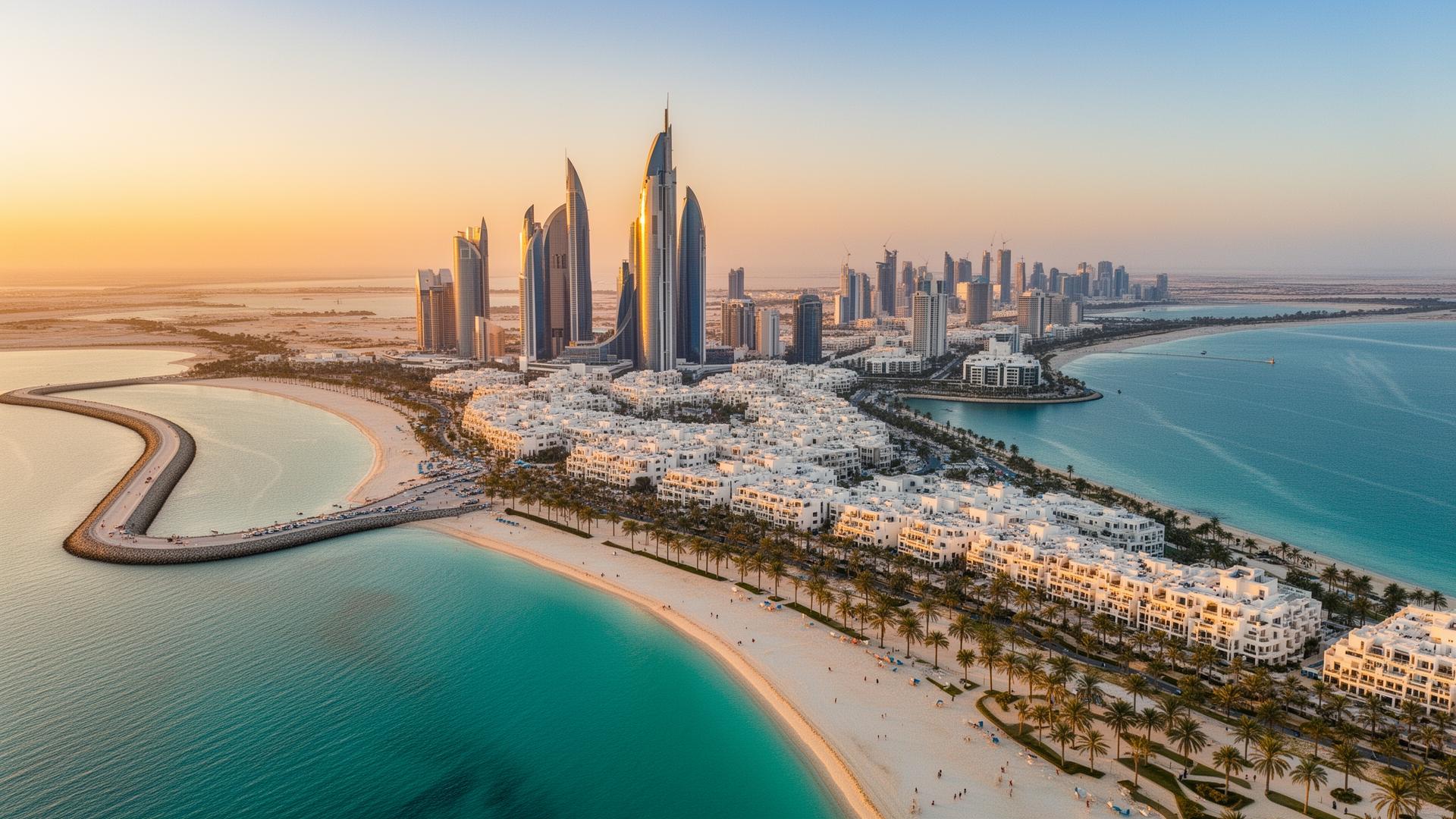 Panoramic aerial morning view of Abu Dhabi at golden hour with the full skyline of the Corniche, Etihad Towers, the curving causeway, the turquoise Persian Gulf and gleaming white modern architecture