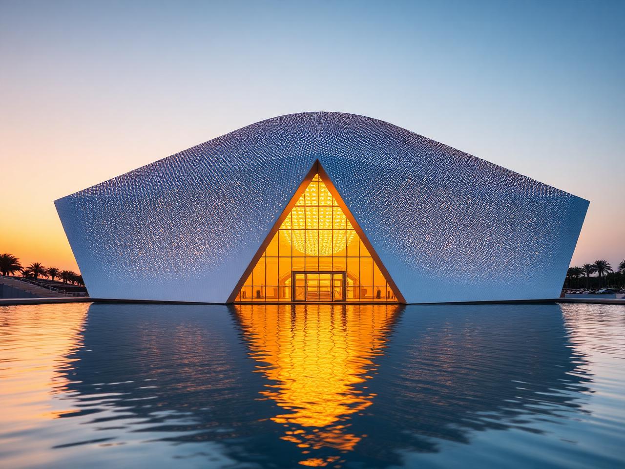 Louvre Abu Dhabi exterior at golden hour with the iconic perforated silver dome casting dappled light, the museum sitting on the calm waters of Saadiyat Island and geometric modern architecture
