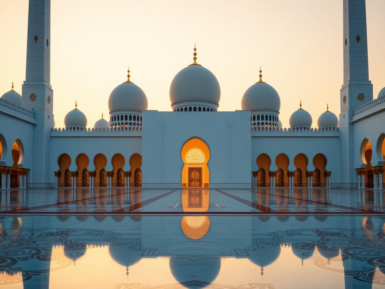 Sheikh Zayed Grand Mosque Abu Dhabi at golden hour with the iconic white marble domes, slender minarets, reflecting pool in the foreground, ornate inlaid floral marble courtyards, soft warm desert light and a serene atmosphere
