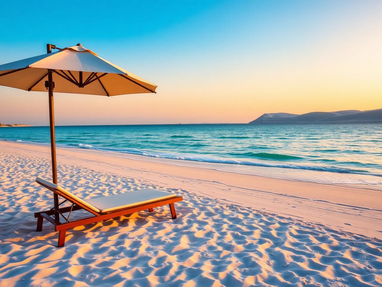 Saadiyat Public Beach in Abu Dhabi at golden hour with soft white sand, calm turquoise Persian Gulf water, gentle waves, an elegant beach club lounger and umbrella in the foreground and dunes in the distance