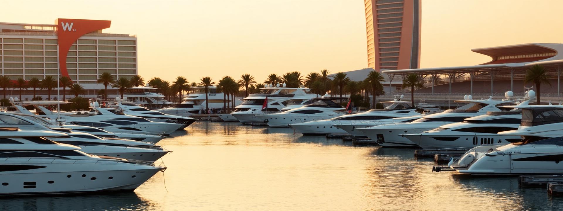 Yas Marina Abu Dhabi at golden hour with refined luxury yachts moored along the marina, the W Hotel red architecture in the background and warm cinematic light