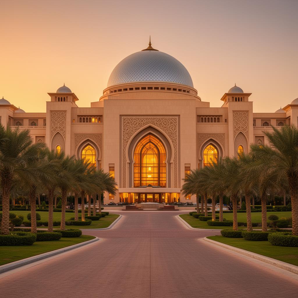 Emirates Palace Mandarin Oriental Abu Dhabi grand luxury hotel facade at golden hour with the central silver dome, ornate Arabian arches, warm sandstone facade and palm-lined drive