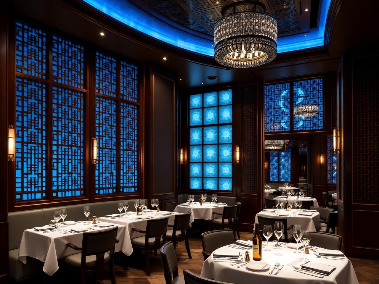 Hakkasan Abu Dhabi refined fine dining interior at Emirates Palace with dark teak wood lattice screens, blue glow lighting, intimate banquette seating, white tablecloths, brass details and a cinematic atmosphere