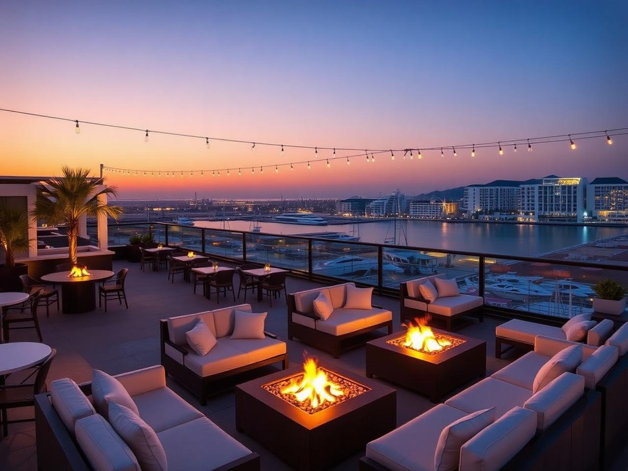 Iris Yas Island Abu Dhabi refined rooftop lounge at golden hour transitioning to night with outdoor seating, low banquettes around fire pits, hanging festoon lights and views over Yas Marina
