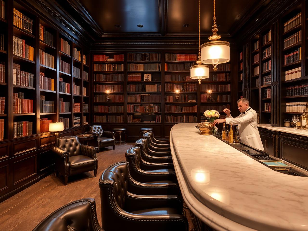 The Library Bar at The St. Regis Abu Dhabi refined classic hotel bar interior with dark wood bookshelves lining the walls, leather Chesterfield armchairs, a polished marble bar, brass detailing, dim warm pendant lighting and a white-jacketed bartender
