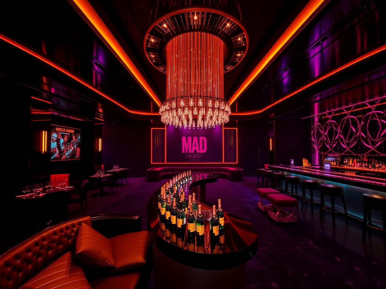 MAD on Yas Island Abu Dhabi refined upscale nightclub interior with dramatic LED lighting in deep amber and magenta, dark surfaces, leather banquettes, polished bar with champagne buckets, packed dance floor and a striking ceiling installation