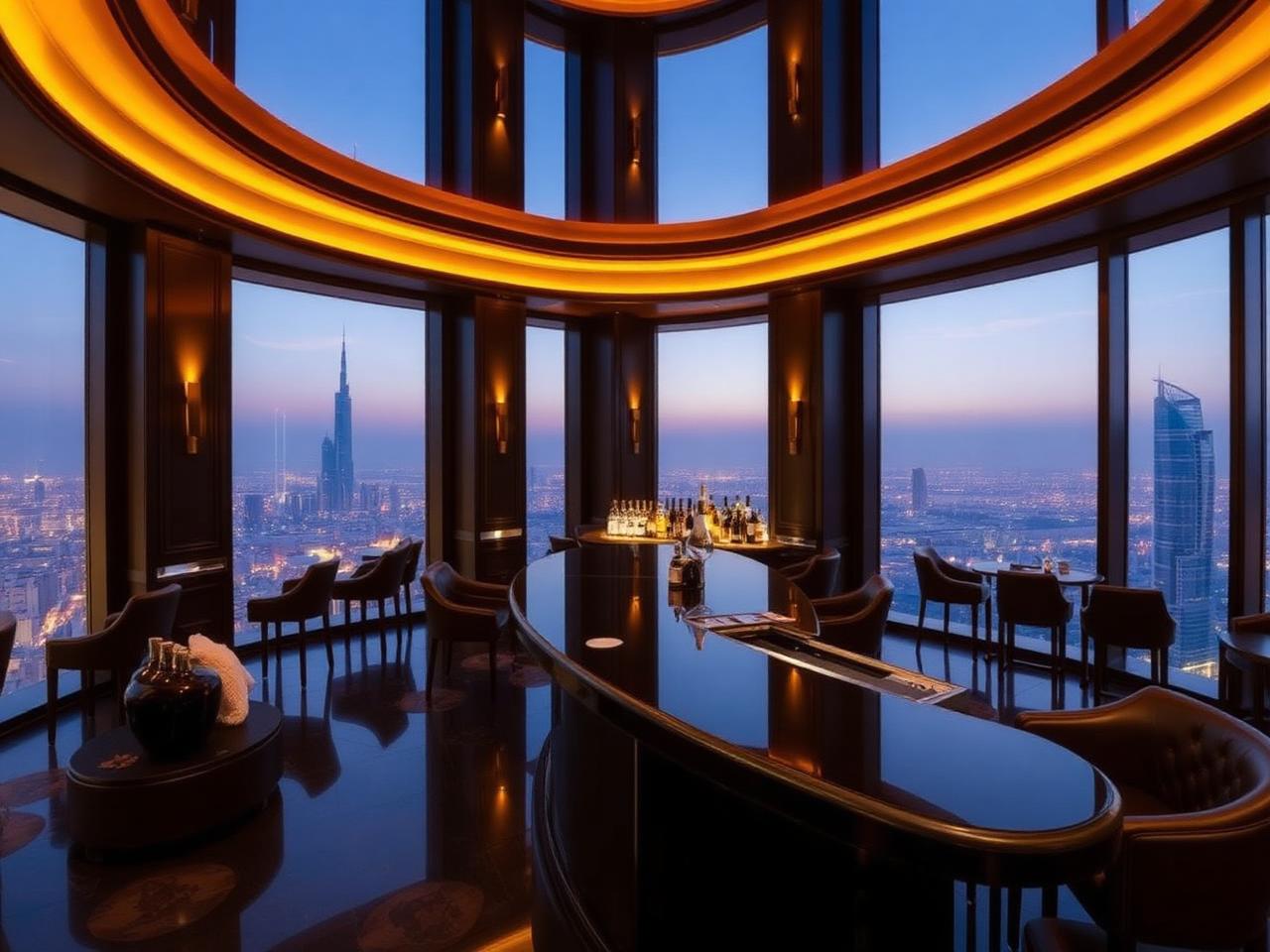 Ray's Bar at Jumeirah at Etihad Towers Abu Dhabi refined panoramic rooftop cocktail bar on the 62nd floor with floor-to-ceiling windows showing the Abu Dhabi skyline at blue hour, dark surfaces, leather banquettes, polished bar and warm amber lighting