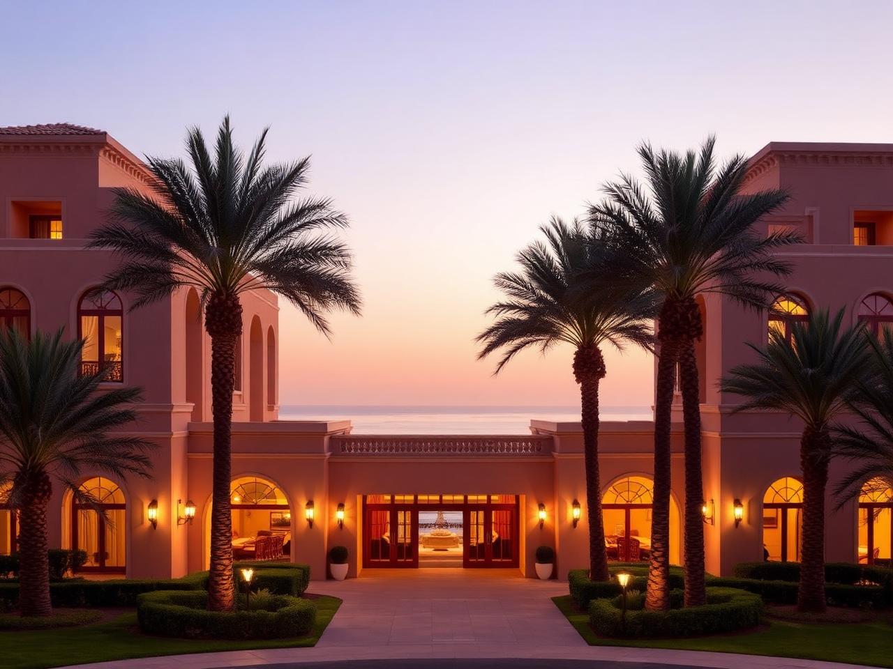 The St. Regis Saadiyat Island Resort Abu Dhabi grand luxury beach resort facade at golden hour with elegant Mediterranean-inspired architecture, palm-lined entrance, warm sandstone tones and warm glowing windows