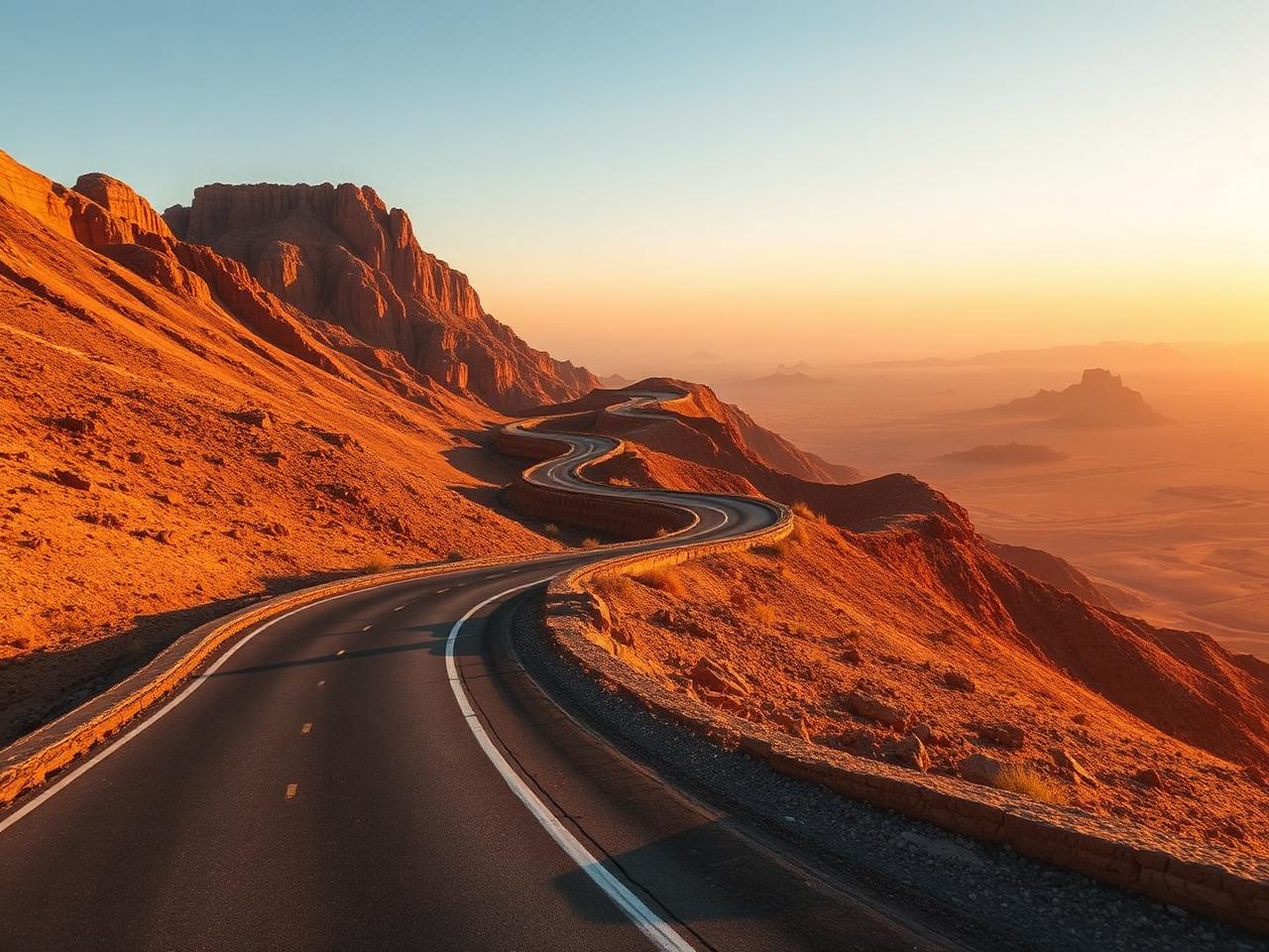 The winding serpentine mountain road up Jebel Hafeet near Al Ain at golden hour with switchbacks climbing the dramatic limestone mountain and the desert plain stretching to the horizon