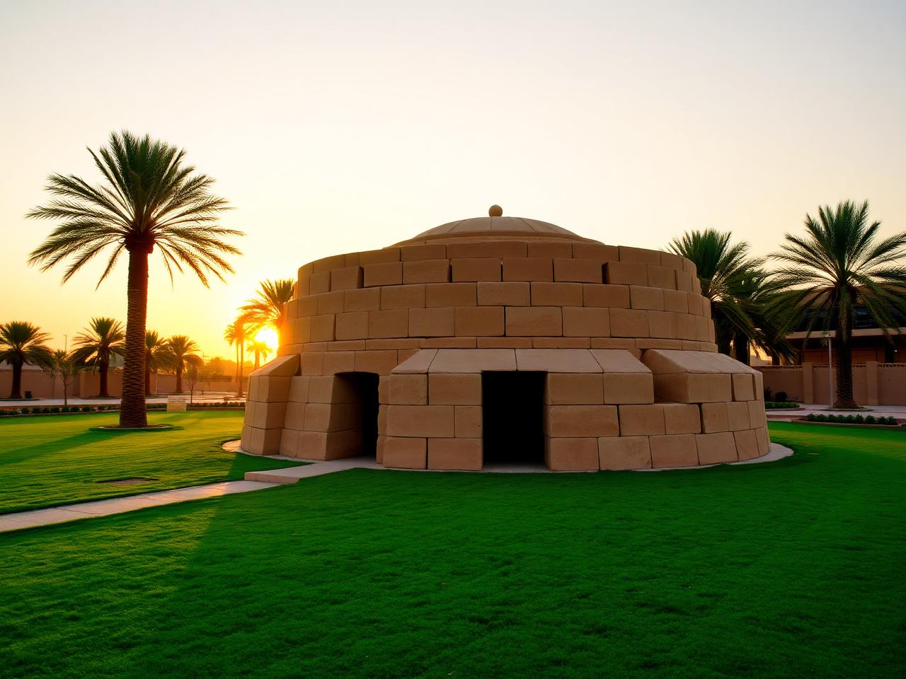 Hili Archaeological Park in Al Ain at golden hour with the round Bronze Age Hili Grand Tomb on manicured green lawns, date palms in the background and warm desert light