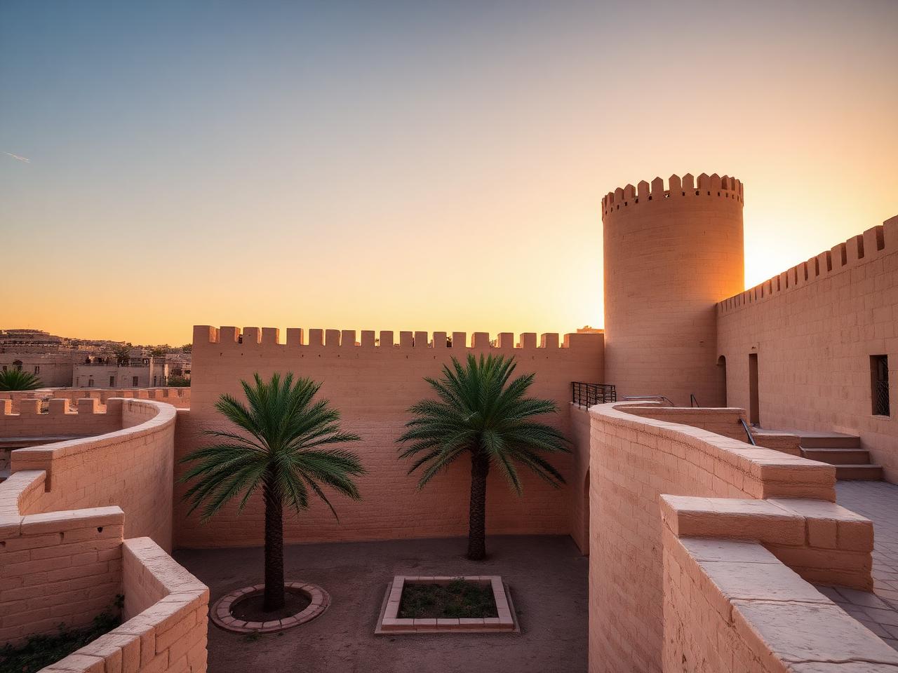 Al Jahili Fort in Al Ain at golden hour, historic white-walled mud-brick fortress with a tall round crenellated watchtower, square ramparts, palm trees inside the courtyard and warm desert light