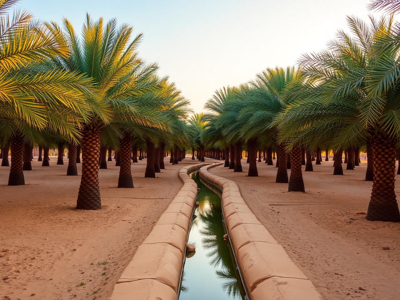 Al Ain Oasis at golden hour, ancient date palm grove with traditional falaj irrigation channels running between the palms and a serene quiet atmosphere