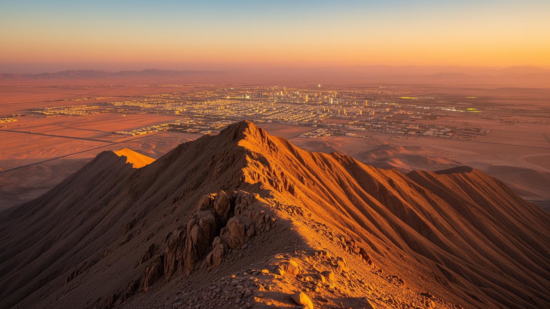 The summit of Jebel Hafeet above Al Ain at golden hour with a sweeping view over the desert plain and the city of Al Ain glowing in the distance