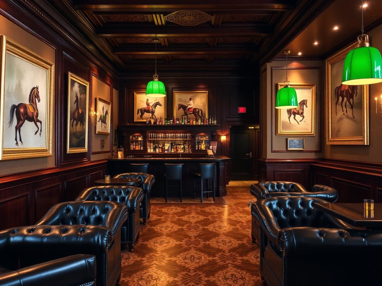 The Horse & Jockey refined English-style hotel pub bar interior at Al Ain Rotana with dark mahogany panelling, leather Chesterfield armchairs, brass detailing, equestrian paintings, a polished wooden bar and green-shaded pendant lamps