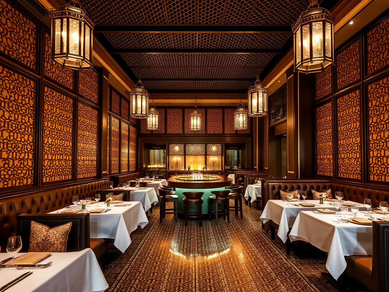 Min Zaman refined Lebanese restaurant interior at Hilton Al Ain with ornate Arabic latticework screens, intricate mosaic tile floors, brass lanterns, leather banquettes with embroidered cushions, white tablecloths and warm cinematic candlelight