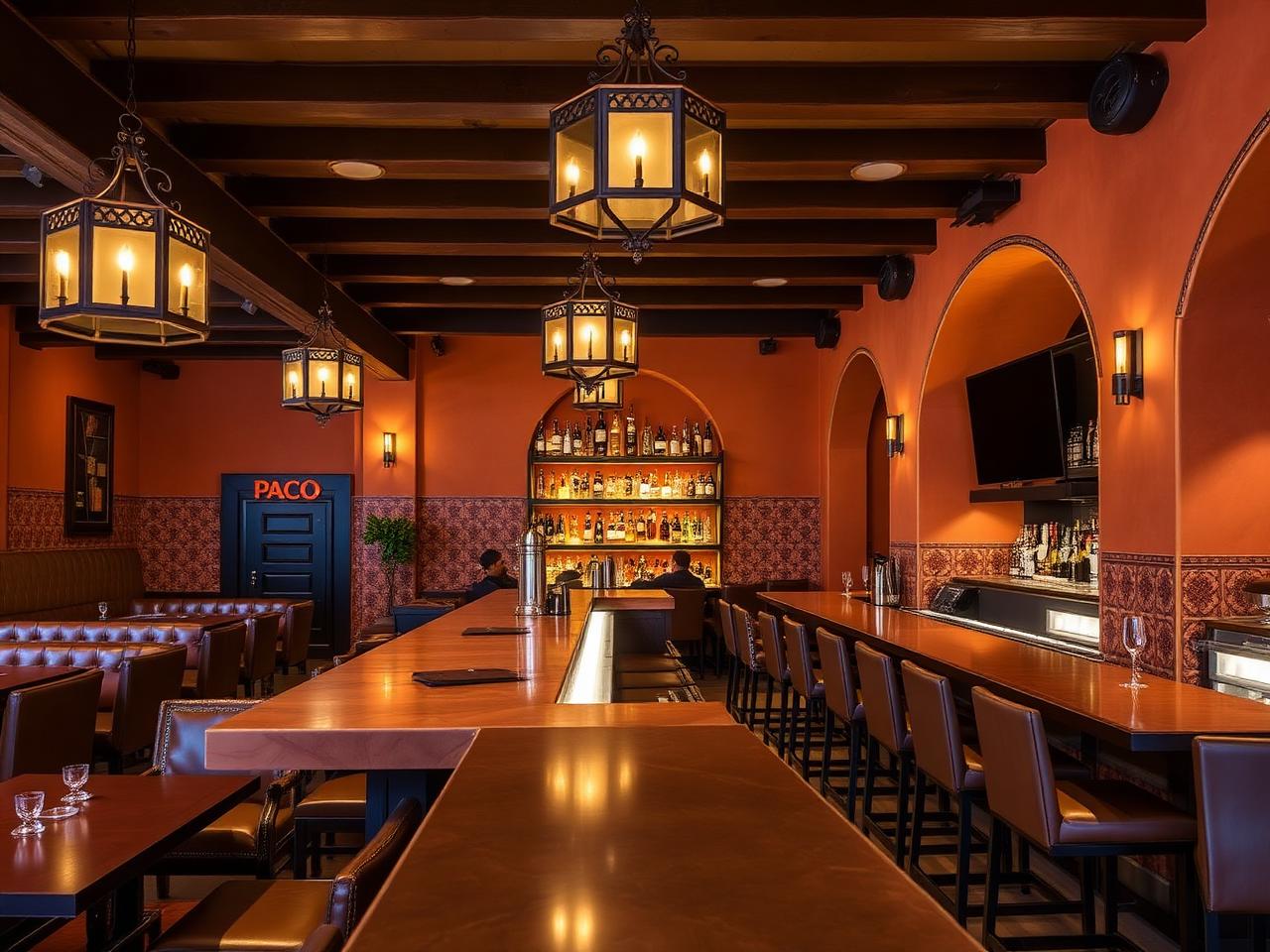 Paco's refined Mexican-themed lounge bar interior at Hilton Al Ain with warm terracotta walls, hand-painted Mexican tiles, dark wood beams, wrought-iron pendants, leather banquettes, a polished bar with backlit bottles and warm amber cinematic lighting