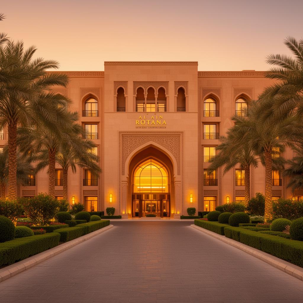 Al Ain Rotana grand luxury hotel facade in Al Ain at golden hour with warm sandstone Arabian architecture, palm-lined driveway and ornate arched entrance