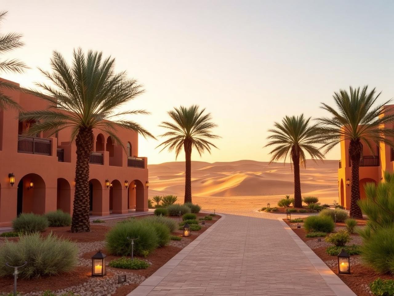 Telal Resort Al Ain luxury desert resort facade at golden hour with traditional Bedouin-inspired sandstone architecture, palm trees, sand dunes stretching to the horizon, lantern-lit pathways and warm desert light