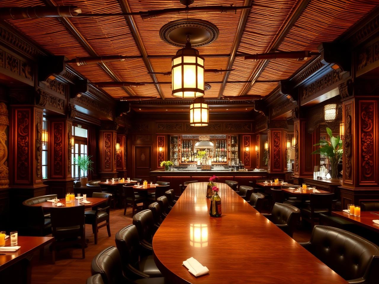 Trader Vic's Al Ain refined Polynesian-themed restaurant interior at Al Ain Rotana with carved teak panelling, woven rattan ceiling, hanging lanterns, leather booths, polished bar and warm cinematic amber lighting