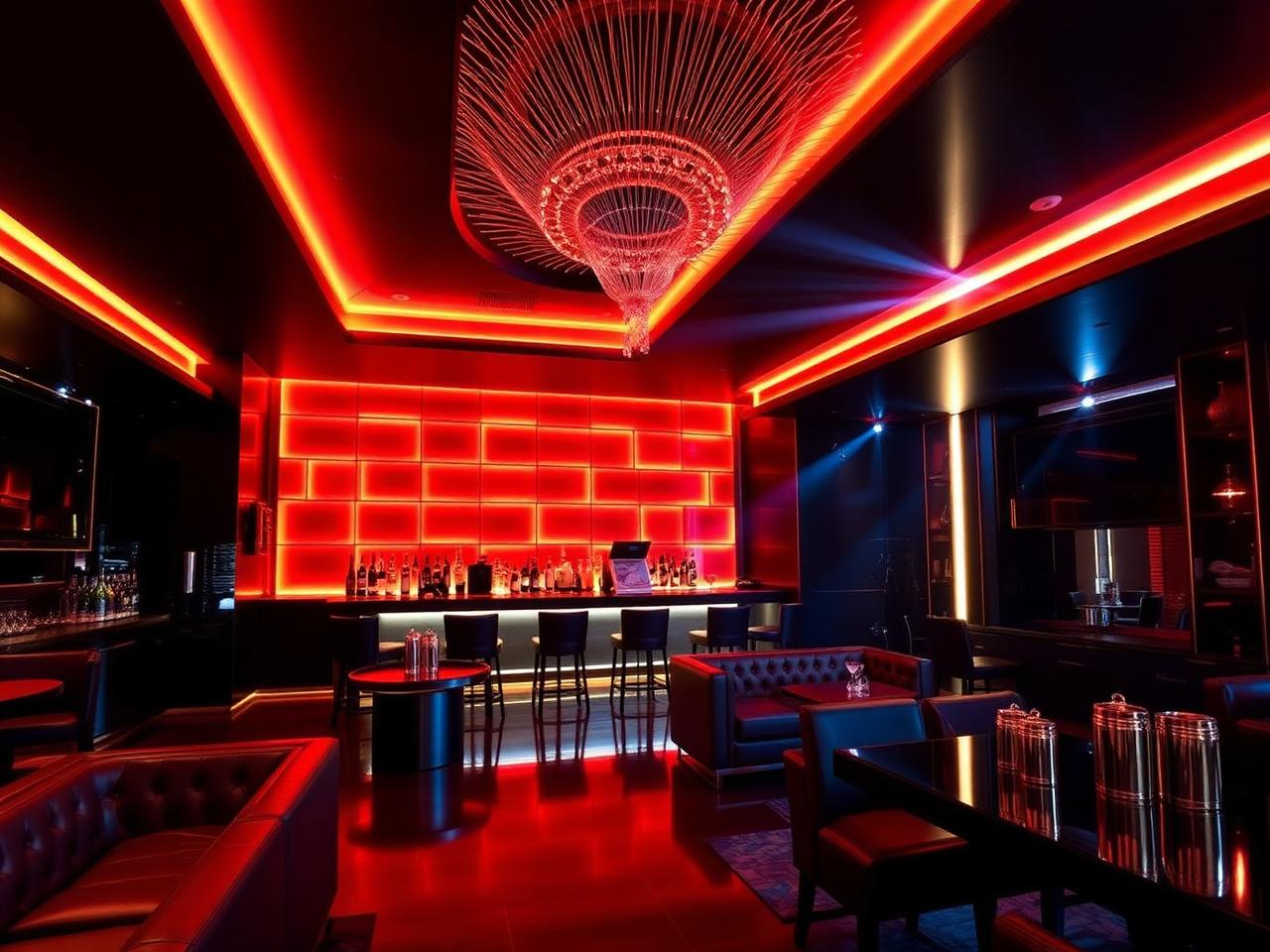 A refined upscale late-night lounge interior in Al Ain with dramatic amber and deep red LED lighting, dark surfaces, leather banquettes, a polished bar with champagne buckets and a small intimate dance floor below a striking ceiling installation
