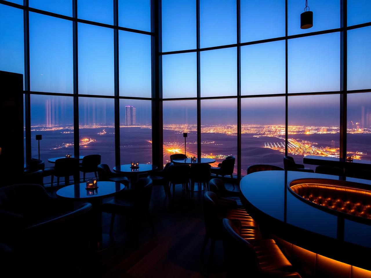 A refined mountain-top lounge bar atop Jebel Hafeet near Al Ain at blue hour with floor-to-ceiling windows showing the city lights of Al Ain twinkling on the desert plain far below, dark surfaces, leather banquettes and warm amber lighting