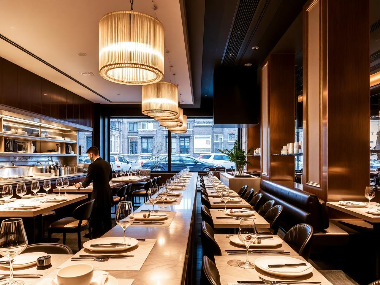 Restaurant 212 Amsterdam contemporary fine dining counter with elegant place settings, warm lighting and open kitchen energy