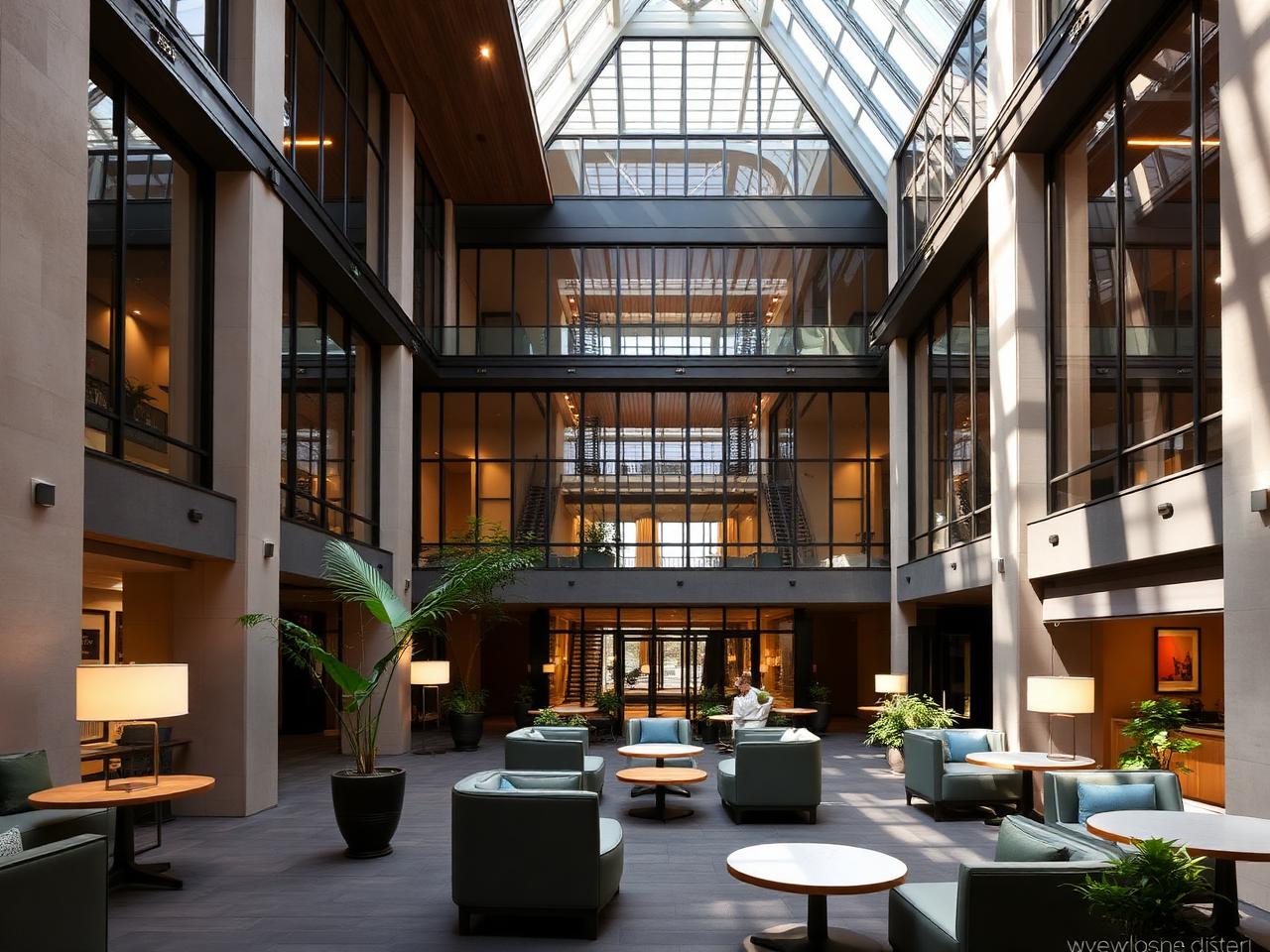 Conservatorium Hotel Amsterdam interior atrium with soaring glass roof, modern seating and refined luxury atmosphere
