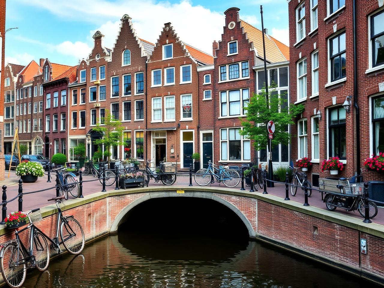 Amsterdam canal scene with historic narrow houses, arched bridge, bicycles and soft city light