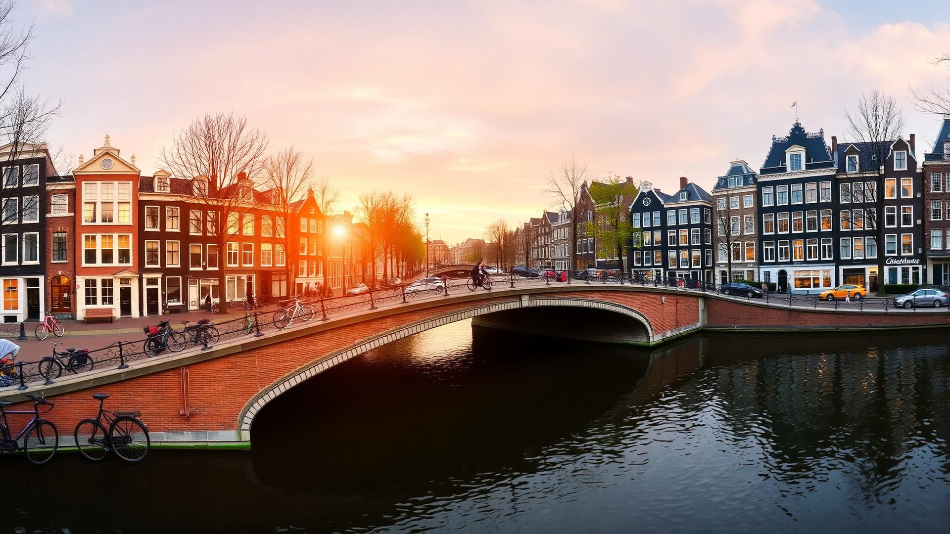 Panoramic Amsterdam canal view at first light with bridges, narrow houses and calm water