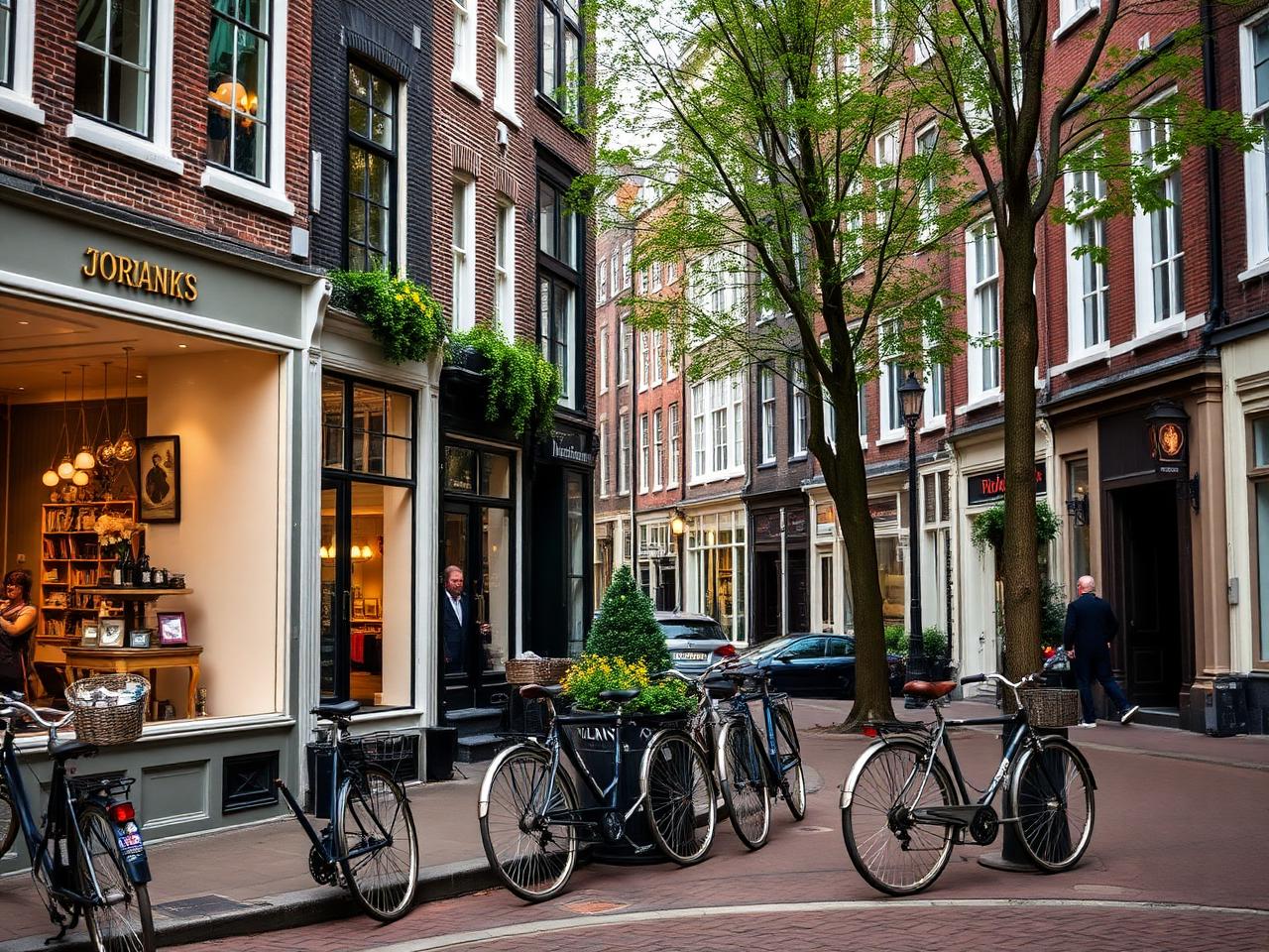 Jordaan Amsterdam street with boutique storefronts, bicycles and elegant brick façades under soft afternoon light