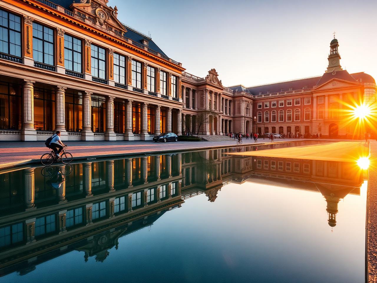 Rijksmuseum Amsterdam exterior at golden hour with reflecting pool, cyclists and stately historic architecture