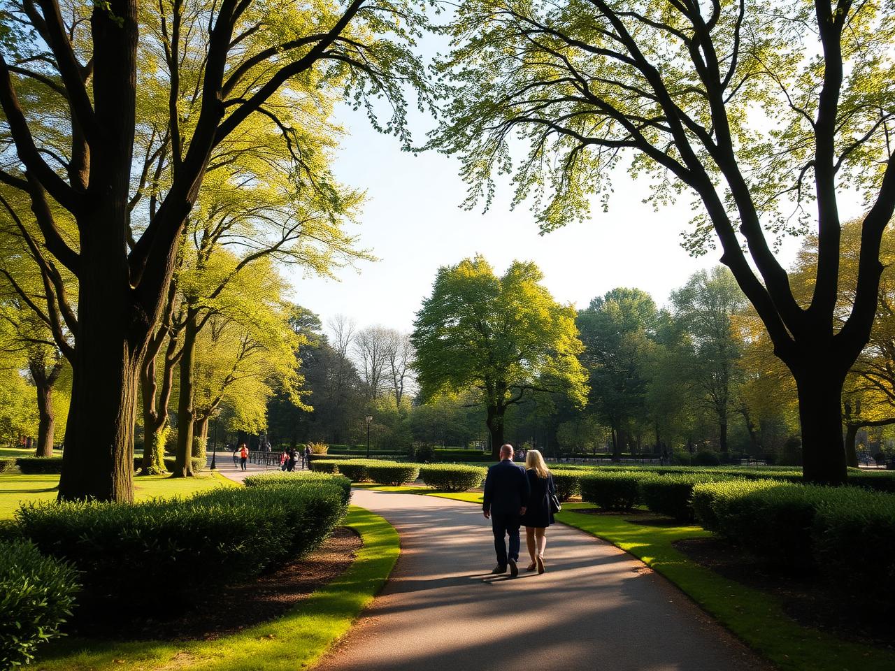 Vondelpark Amsterdam with tree-lined paths, clipped greenery and a couple walking in warm afternoon light