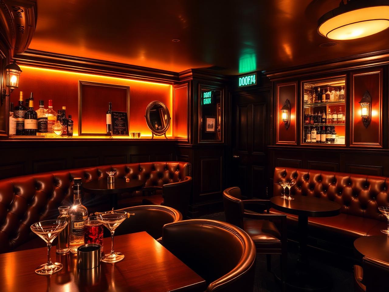 Door 74 Amsterdam speakeasy cocktail bar with leather banquettes, polished wood and low amber lighting