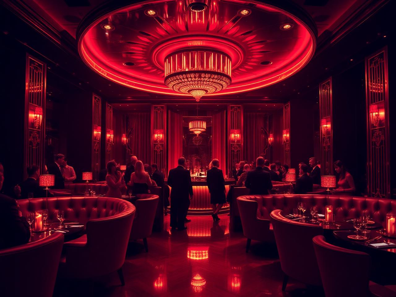 Jimmy Woo Amsterdam upscale nightclub interior with dramatic red lighting, plush seating and a glamorous crowd