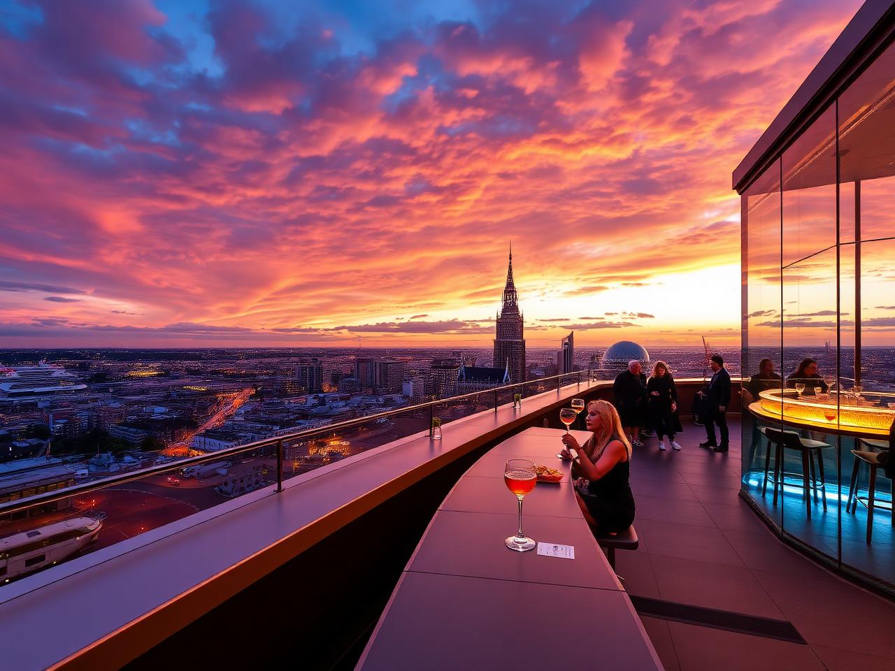 LuminAir Amsterdam rooftop bar with panoramic skyline view, sunset sky and elegant cocktails on a modern terrace
