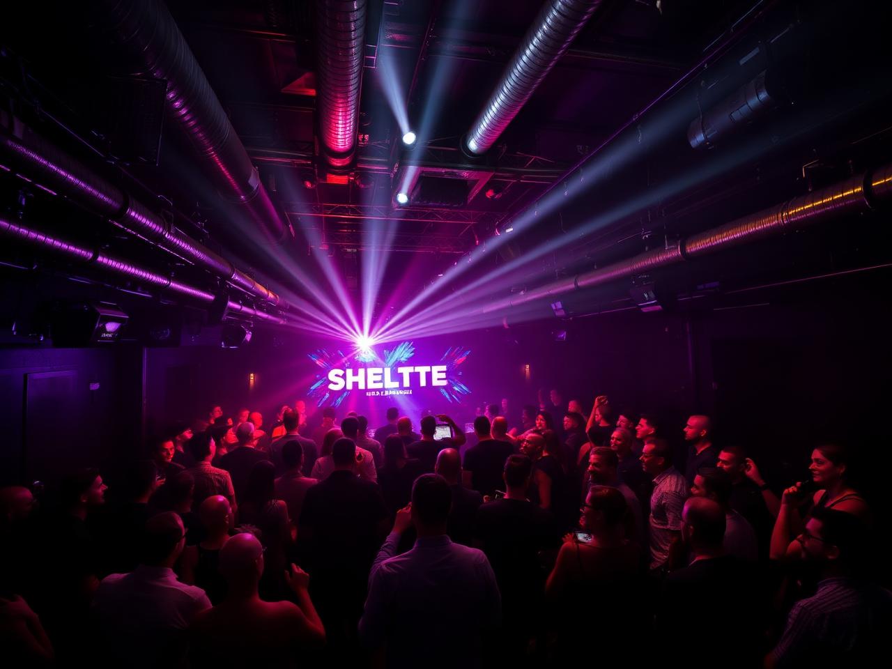 Shelter Amsterdam nightclub with industrial dark interior, magenta lighting and a stylish crowd gathered around the dance floor