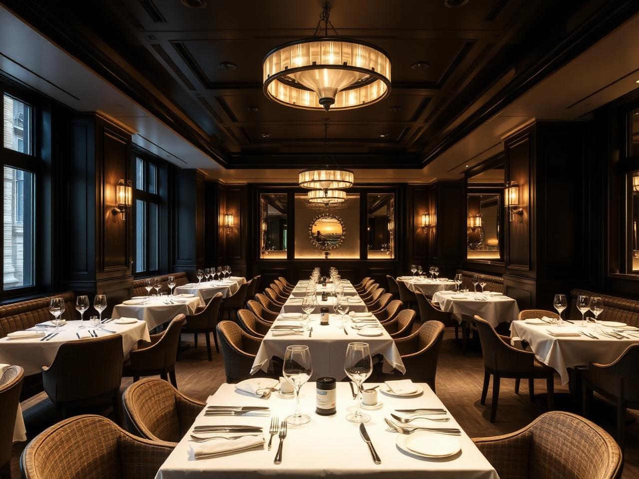 Spectrum Amsterdam fine dining room inside the Waldorf Astoria with dark wood paneling, white tablecloths and warm chandelier light