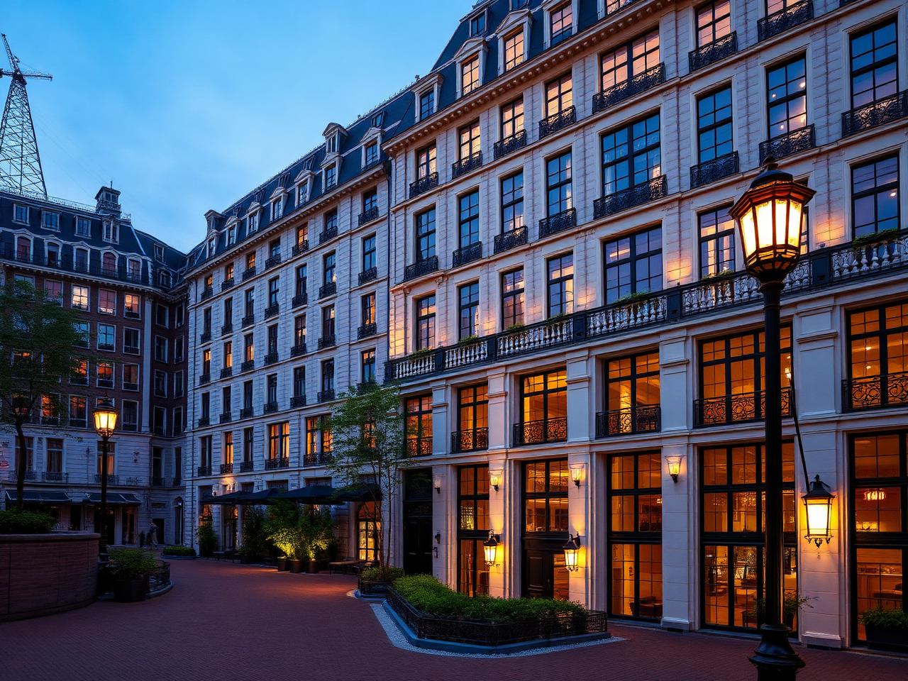 Waldorf Astoria Amsterdam historic canal palace hotel exterior at dusk