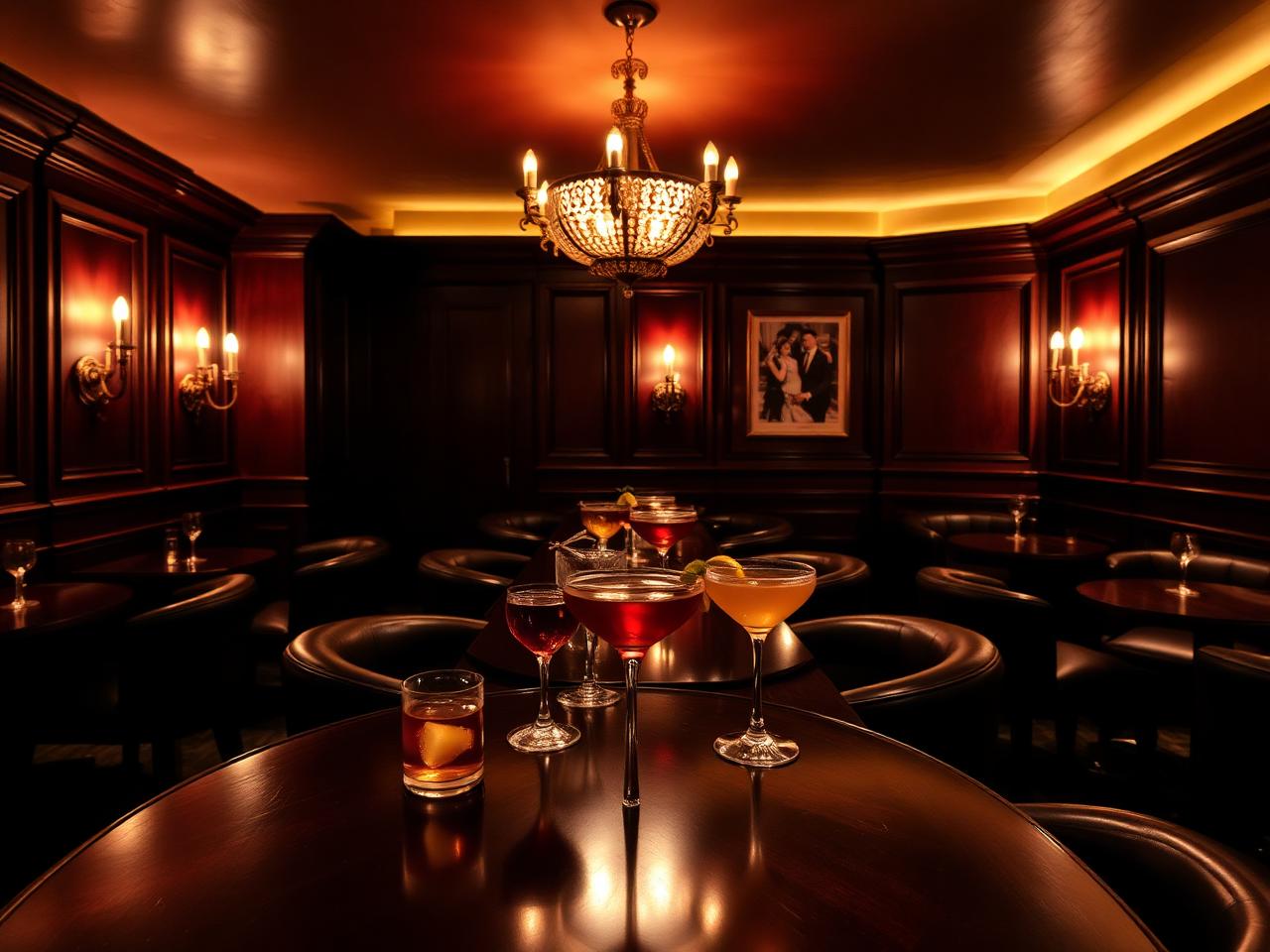 Bernstein Club Baden-Baden refined classical cocktail bar with chandelier, dark wood paneling and warm low lighting