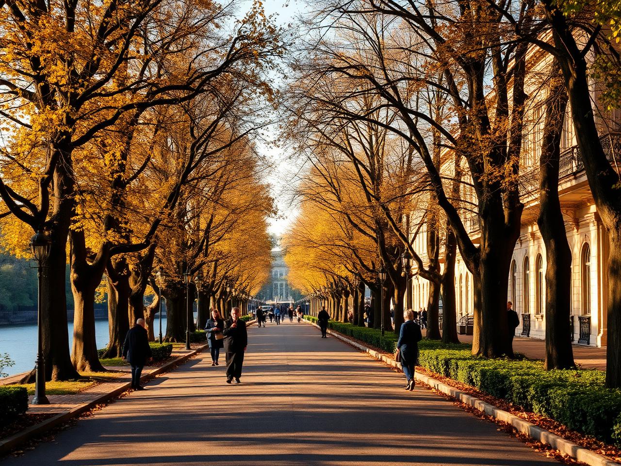 Lichtentaler Allee Baden-Baden tree-lined promenade in autumn with golden warm light, refined visitors strolling and Belle Époque villas