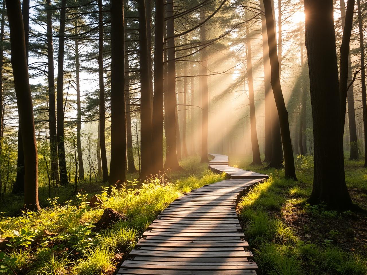 Black Forest hiking trail near Baden-Baden with ancient pine and beech, warm dappled afternoon sunlight and refined wooden path