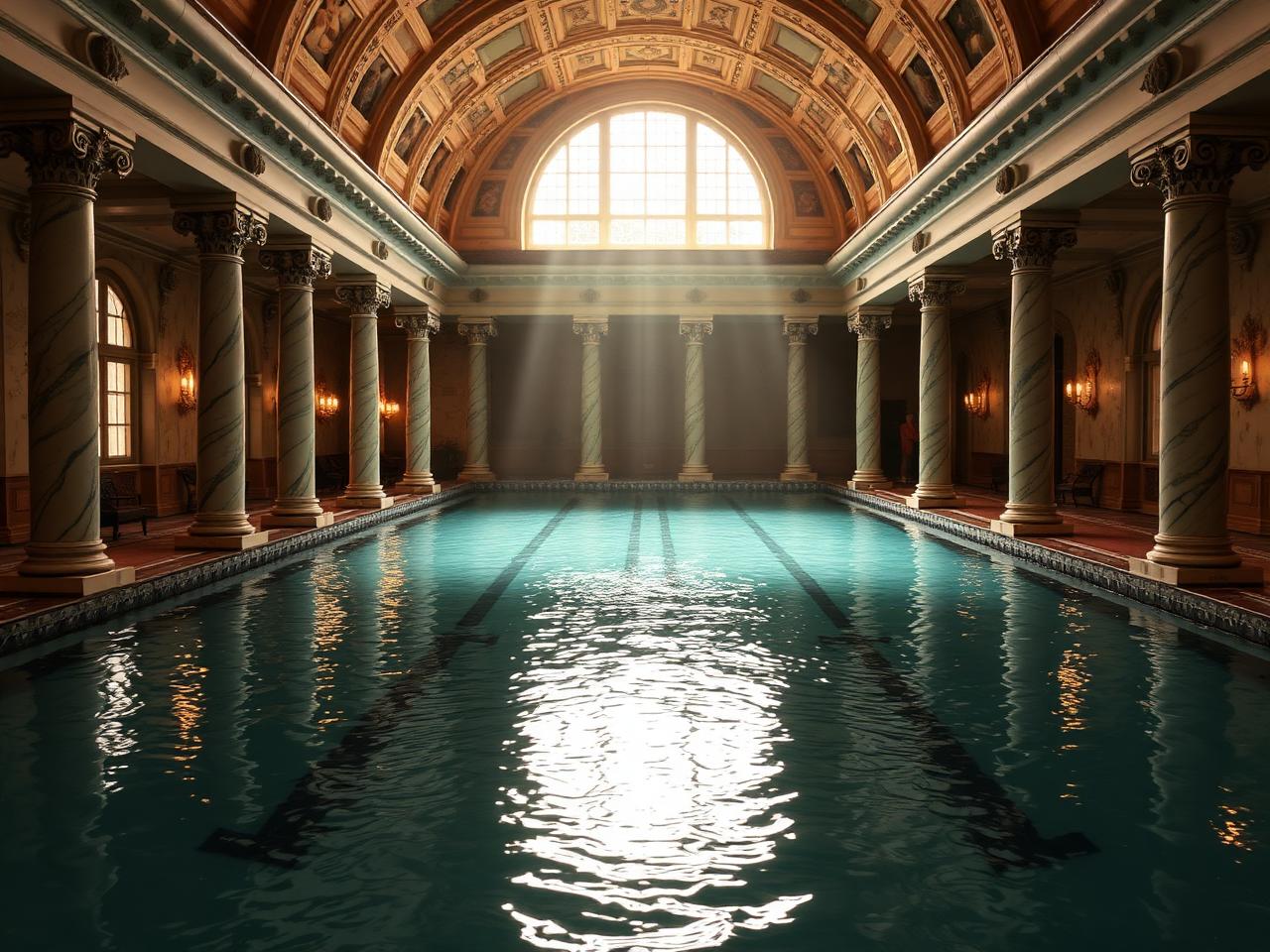 Friedrichsbad Baden-Baden grand 19th century Roman-Irish thermal baths interior with marble columns, mosaics and warm light on thermal pool