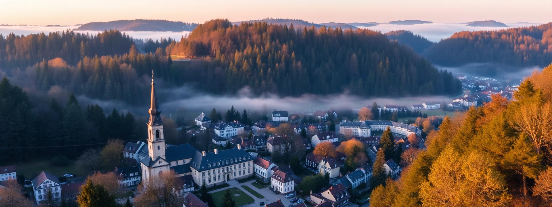 Baden-Baden panorama at first light with the spa town nestled in the Black Forest valley, the Stiftskirche spire and Belle Époque villas with soft pastel sunrise