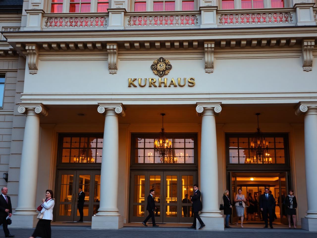 Kurhaus Baden-Baden grand Belle Époque casino building facade with neoclassical columns at golden hour and refined visitors