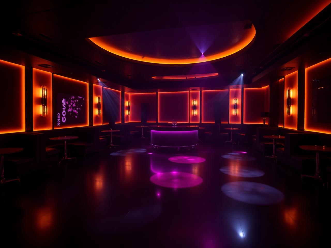 Equipe Baden-Baden refined nightclub interior with dramatic warm LED lighting, elegant booth seating and considered late night atmosphere