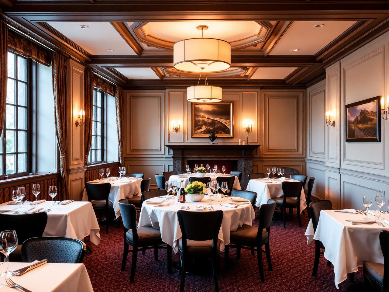 The Grill restaurant Brenners Park-Hotel Baden-Baden classical fine dining interior with white tablecloths, wood paneling and warm pendant lighting