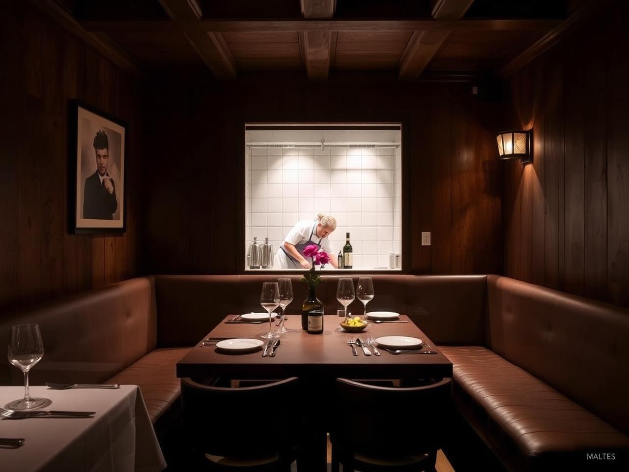 Maltes Hidden Kitchen Baden-Baden intimate chef's table dining room with open kitchen, warm low lighting and refined modern German cuisine