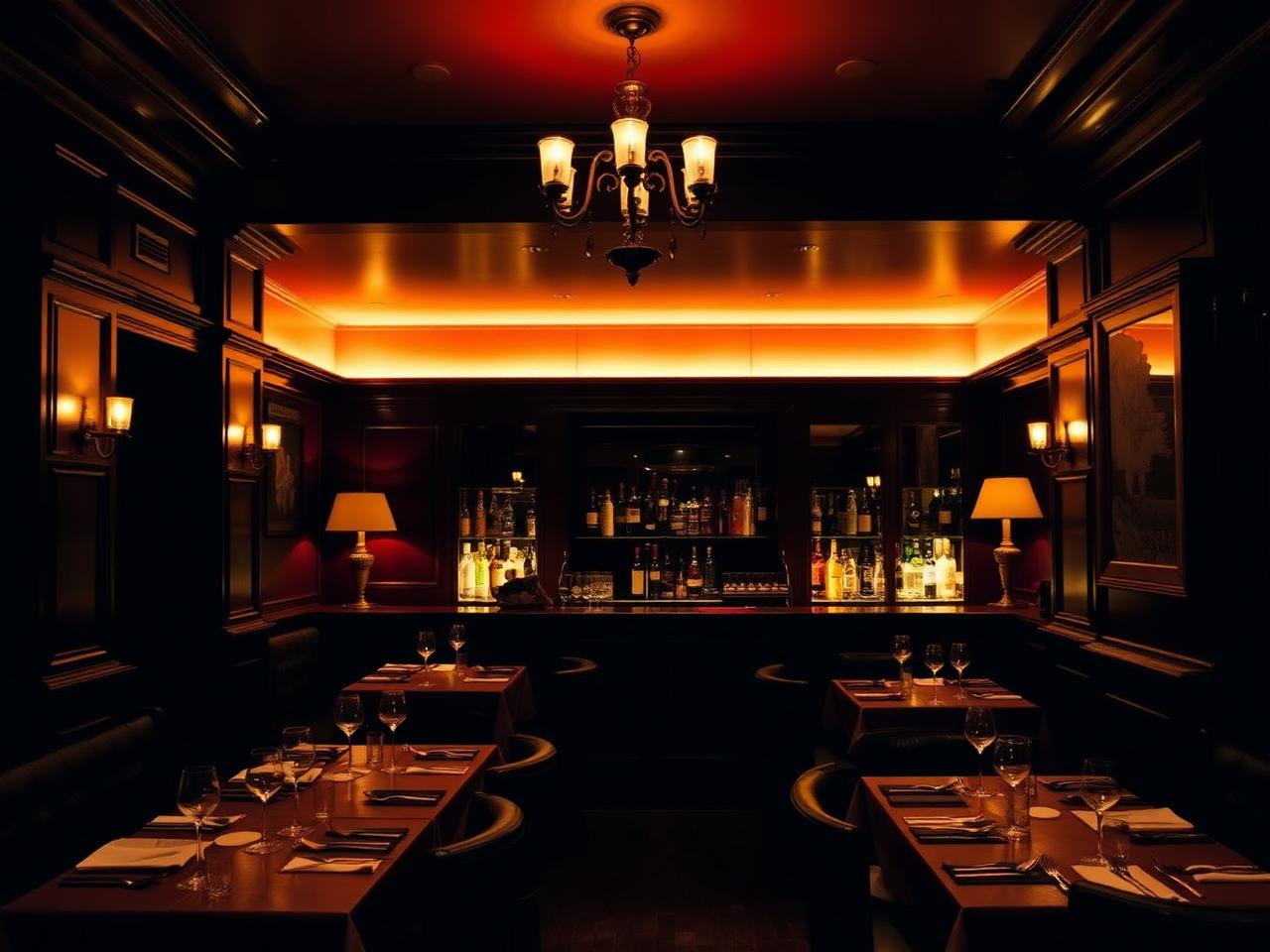 Max's bar Baden-Baden refined intimate late night room with dark wood paneling, warm dim lighting and considered cocktail service